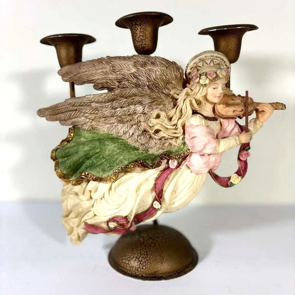 Sculpted Resin Heavenly Angel Candle Holder w/Violin 3 Candle Metal Candelabra